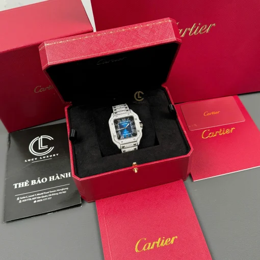 Cartier Santos De Cartier 39.8mm Blue Dial Full Moissanite - VIP Version