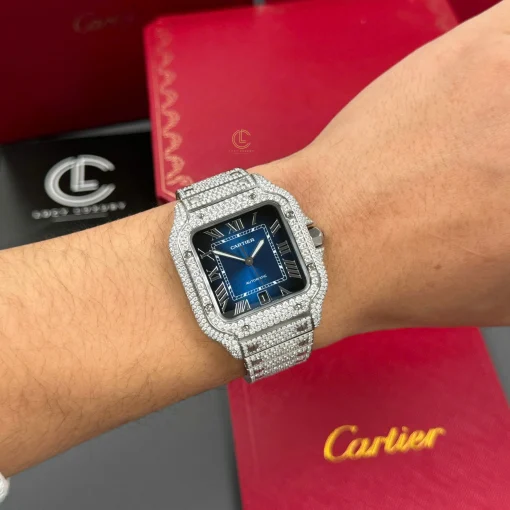 Cartier Santos De Cartier 39.8mm Blue Dial Full Moissanite - VIP Version