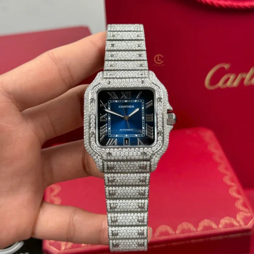 Cartier Santos De Cartier 39.8mm Blue Dial Full Moissanite - VIP Version