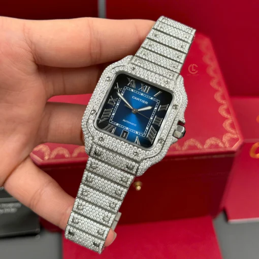 Cartier Santos De Cartier 39.8mm Blue Dial Full Moissanite - VIP Version