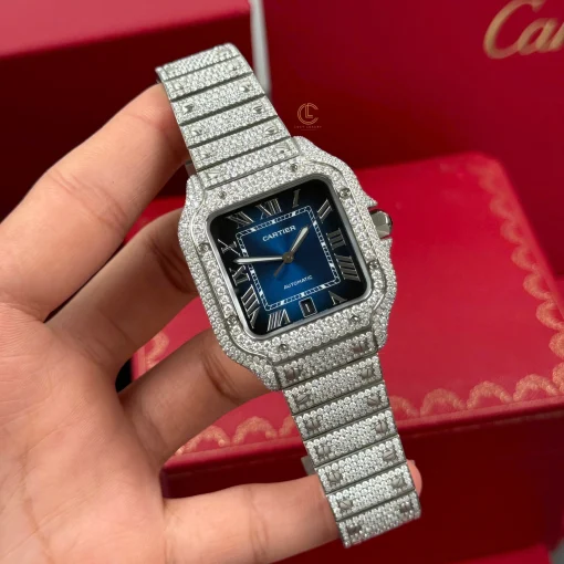 Cartier Santos De Cartier 39.8mm Blue Dial Full Moissanite - VIP Version