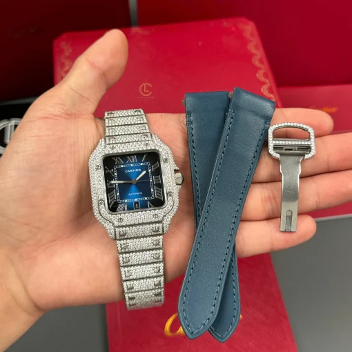 Cartier Santos De Cartier 39.8mm Blue Dial Full Moissanite - VIP Version